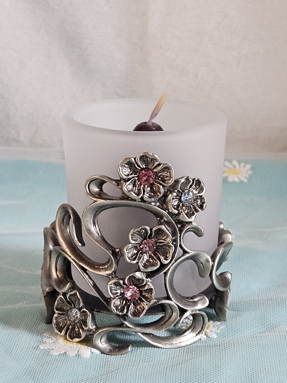 PartyLite Silver Floral Votive Holder with Pink Jewel Accents